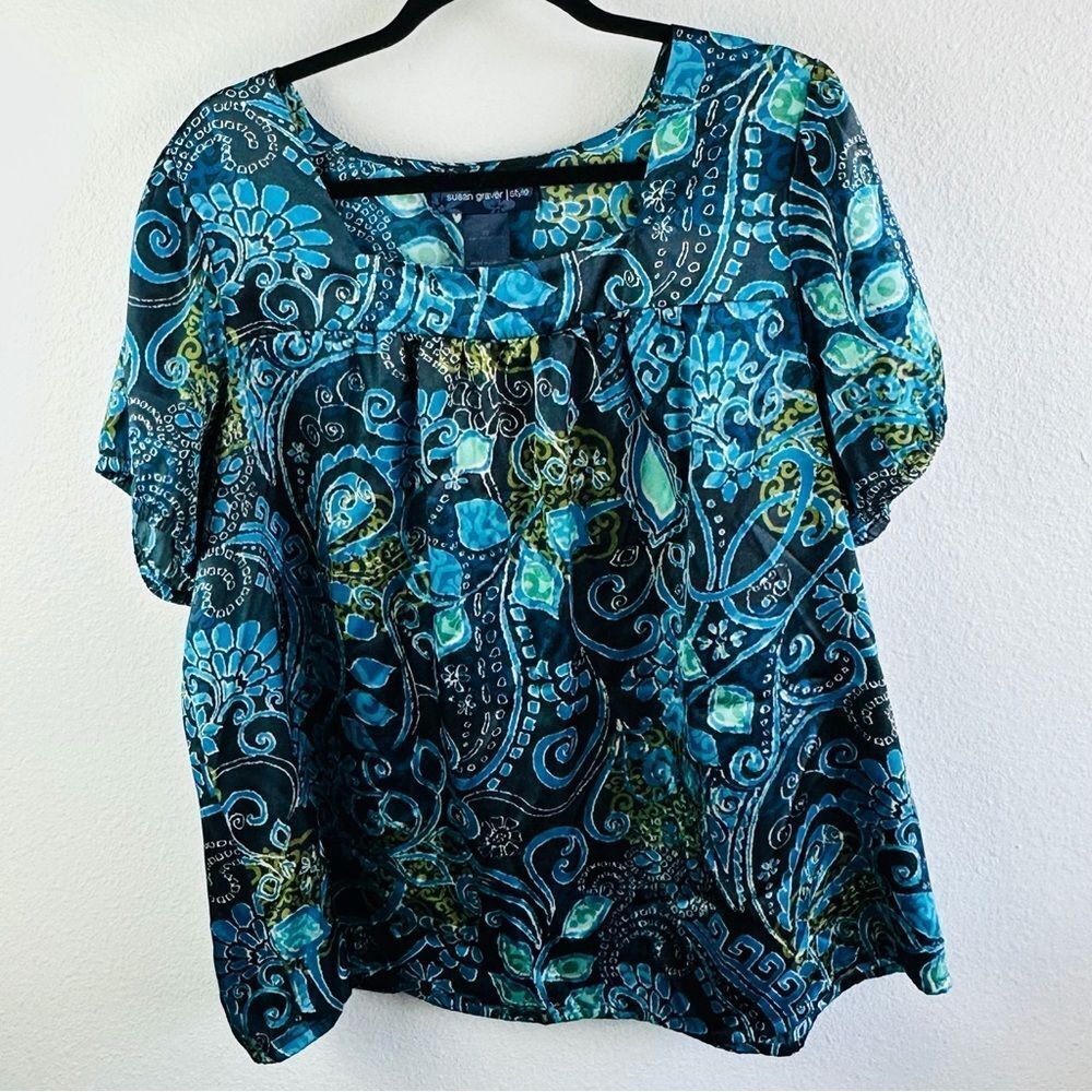 Susan Graver Blue Green Abstract Satin Blouse Size 2X